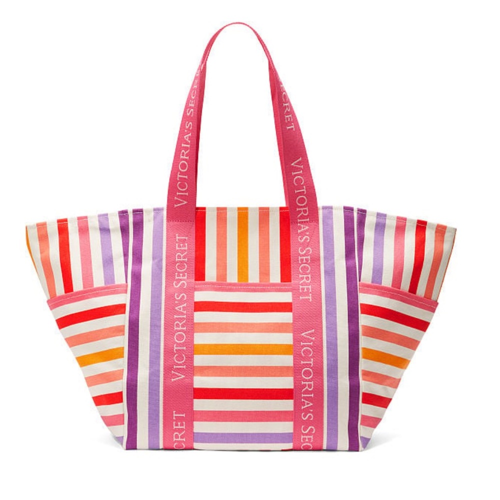 NWT canvas rainbow striped oversized beach tote weekender